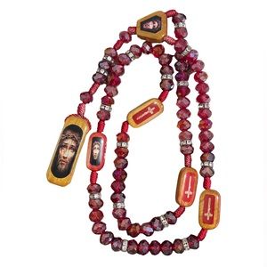 Red Beaded Religious Rosary Necklace